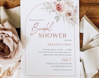 Bridal Shower Invitation Template, Blush Floral Boho Arch, Editable, Pink Boho Bridal Shower Invite, Printable, Templett INSTANT Download