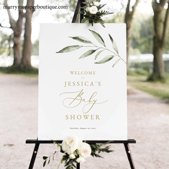 Baby Shower Welcome Sign Template, Elegant Olive Leaf, Greenery Baby Shower Sign, Printable, Editable, Templett INSTANT Download