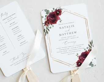 Wedding Program Fan Template, Elegant Burgundy Floral, Wedding Fan Program, Printable, Editable, Templett INSTANT Download