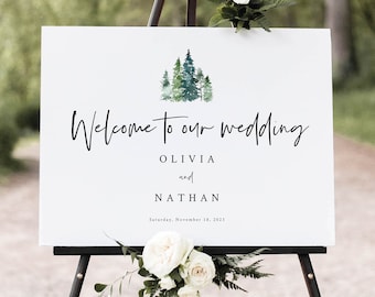 Wedding Welcome Sign Template, Rustic Pine Forest, Wedding Sign Printable, Editable, Templett, Pine Trees, INSTANT Download