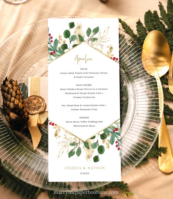 Personalizable Menu Card Template, Winter Wedding, Editable, Wedding Guest Menus, Red Berries, Printable, 4x9, Templett INSTANT Download