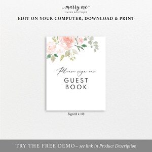 Guest Book Sign Template, Blush Pink Floral, Printable, Pink Flowers ...