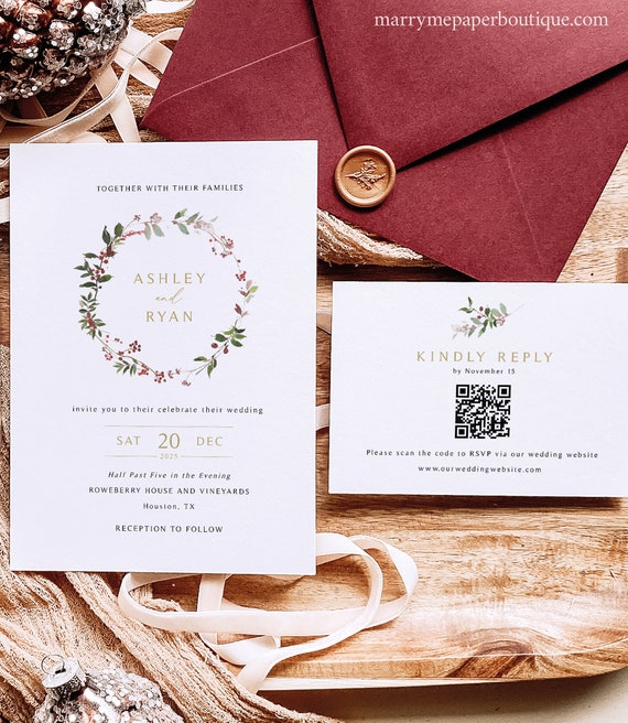 Wedding Invitation Template Suite, Elegant Winter Wreath, QR Code RSVP, Editable, Winter Berry Wedding Invite, Templett Instant Download