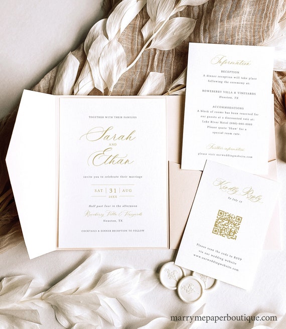 Wedding Invitation Template Suite, Calligraphy Design in Gold, Pocketfold, QR Code RSVP, Editable Wedding Invite, Templett Instant Download