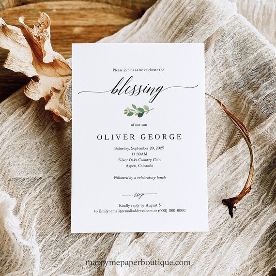 Blessing Ceremony Invitation Template, Greenery Leaf, Baby Blessing Invitation Card, Printable, Editable, Templett INSTANT Download