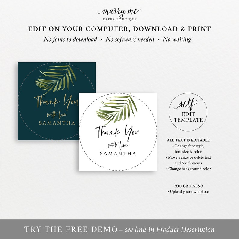 Printable Tropical Round Favor Tag Template Greenery Wedding Label Templett Instant Download