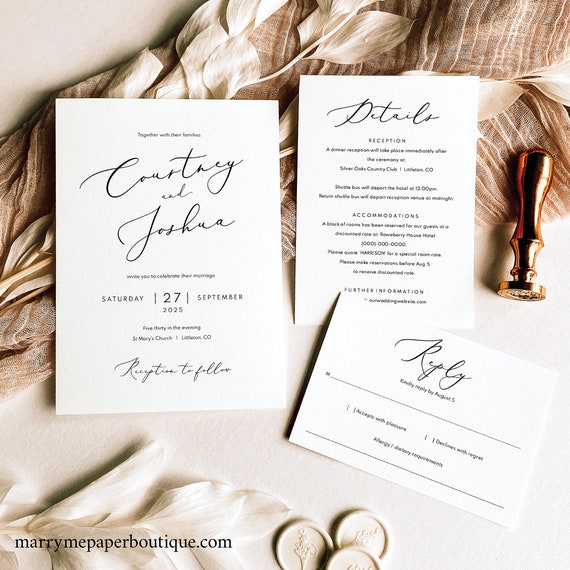 Wedding Invitation Template Set, Details & RSVP, Elegant Script, Printable Wedding Invite Suite, Editable, Templett, INSTANT Download