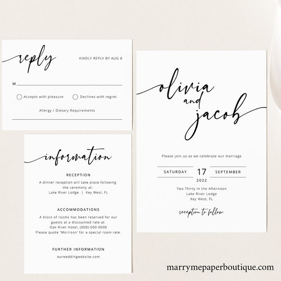 Wedding Invitation Template Set, Modern Calligraphy, Editable & Printable Instant Download, Templett, Try Before Purchase