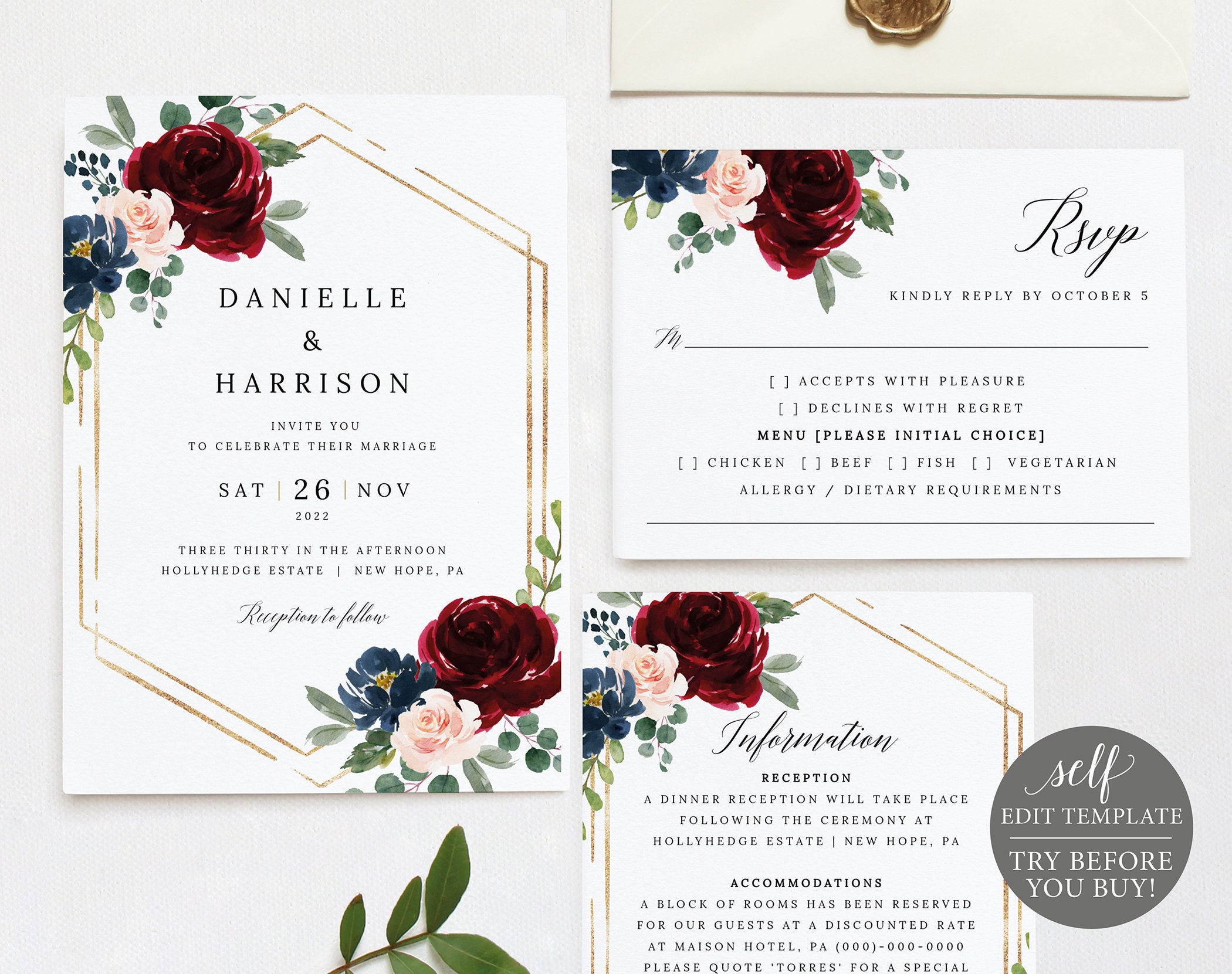 Wedding Invitation Template Set Free Demo Available Editable | Etsy