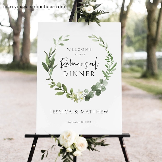 Elegant Greenery Rehearsal Dinner Welcome Sign Template, Rehearsal Dinner Sign Printable, Templett Editable, Instant Download