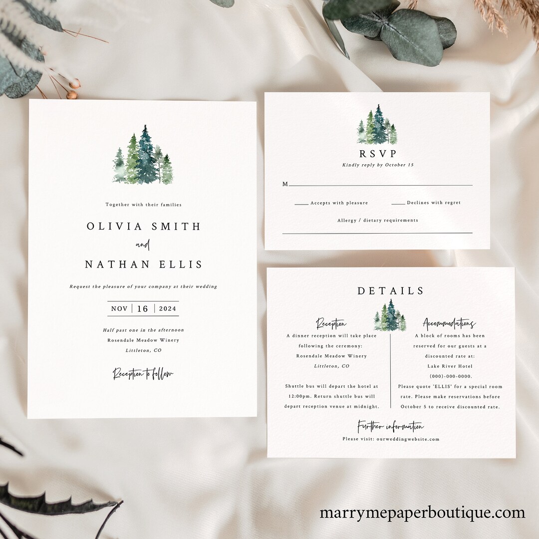 Pine Forest Wedding Invitation Template Set, Rustic Pine Tree Wedding ...