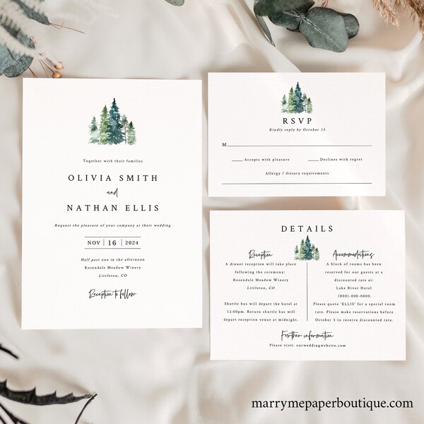 Pine Forest Wedding Invitation Template Set, Rustic Pine Tree Wedding Invite Set, Printable, RSVP, Templett, Editable, INSTANT Download