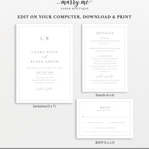 Wedding Invitation Template Set, Monogram & Border, Wedding Invitation Suite, Printable, Editable, RSVP, Details, Templett INSTANT Download image 5