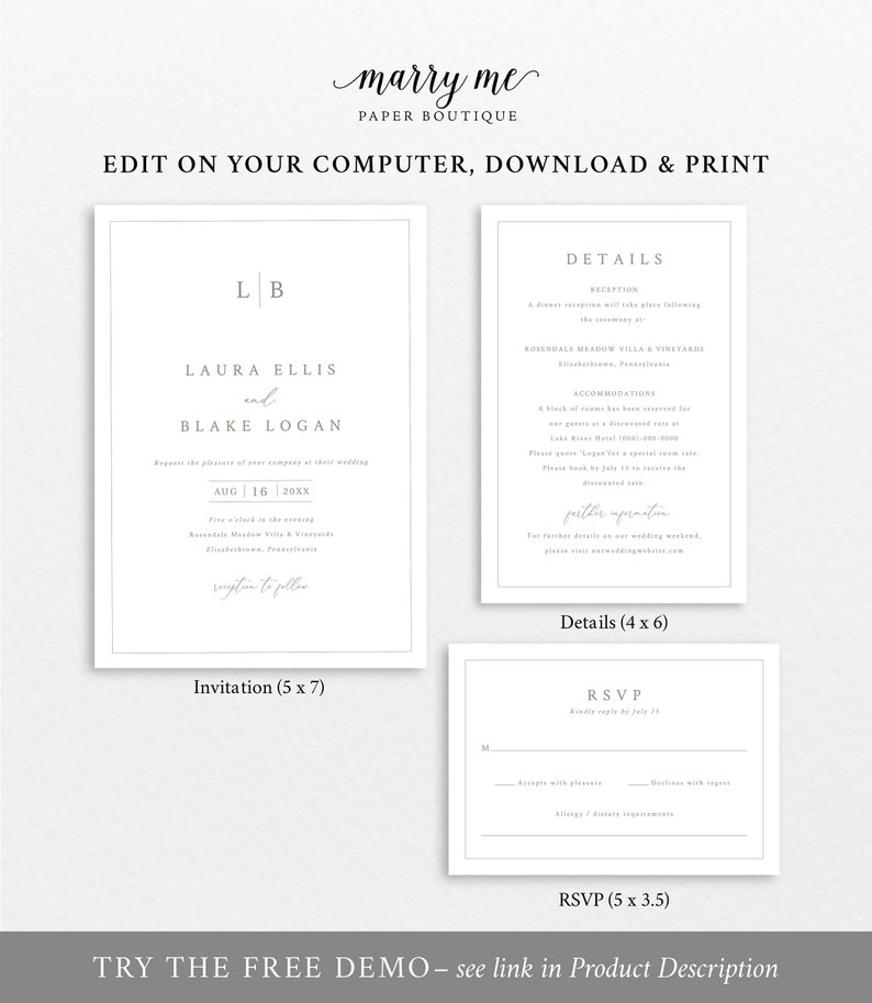 Wedding Invitation Template Set, Monogram & Border, Wedding Invitation Suite, Printable, Editable, RSVP, Details, Templett INSTANT Download image 5