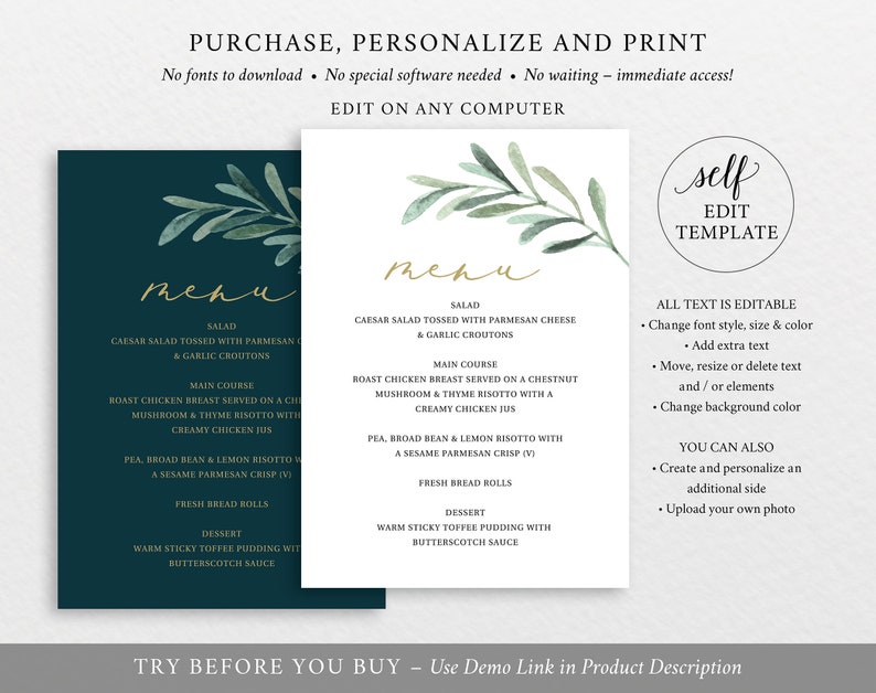 Greenery Leaf TRY BEFORE You BUY Editable Instant Download Baptism Menu Template 5x7