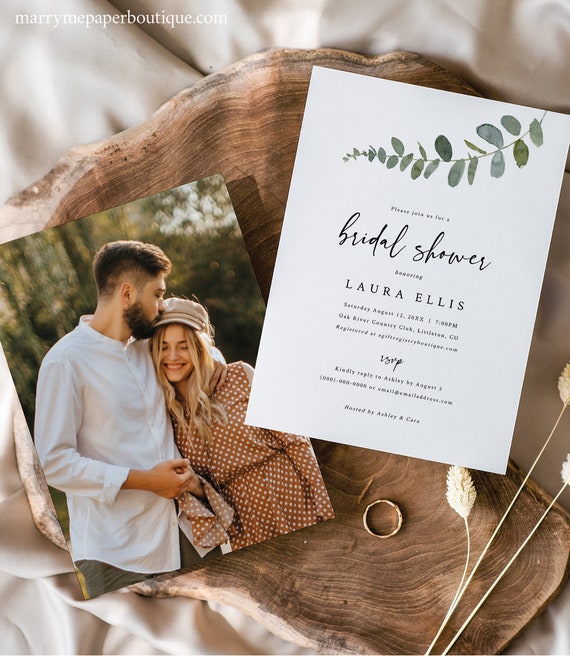 Bridal Shower Invitation Template, Eucalyptus Greenery, Photo Bridal Shower Invite Card, Photo Card, Editable, Templett INSTANT Download