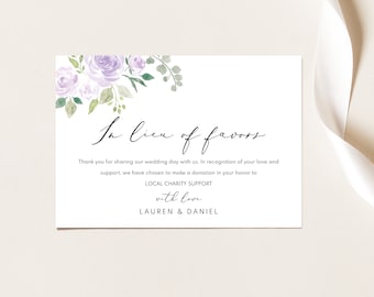 In Lieu of Favors Card Template, Lilac Floral, Editable Instant Download, Try Before Purchase