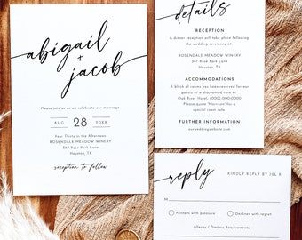 Modern Wedding Invitation Template Set, Minimalist Calligraphy, Printable, Editable Invitation, RSVP, Details, Templett INSTANT Download