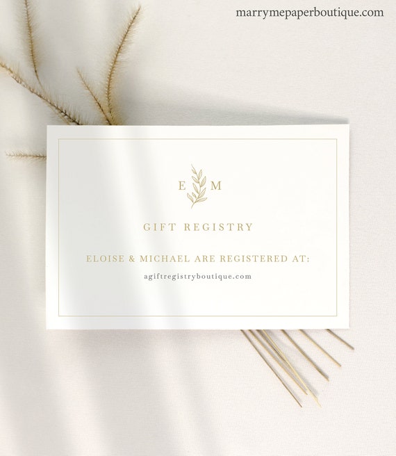 Gift Registry Card Template, Leaf Monogram Gold, Editable, 4x6, Wedding Registry Enclosure Card, Printable, Templett INSTANT Download