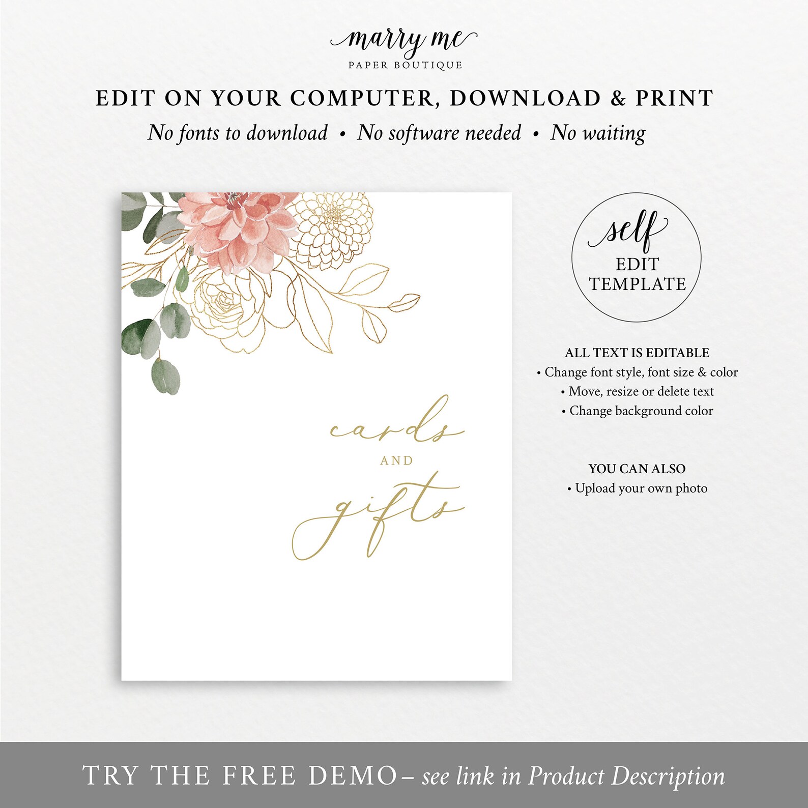 Cards &amp; Gifts Sign Template Blush Gold Flowers Editable - Etsy