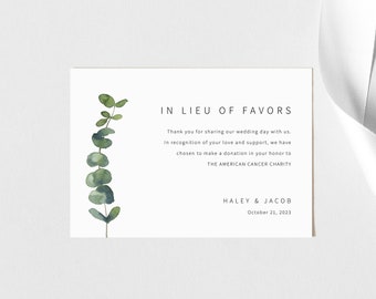 In Lieu of Favors Card Template, Elegant Eucalyptus, Charity Donation Card, Printable, Editable, Templett INSTANT Download