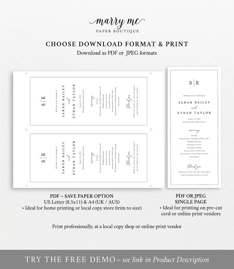 Wedding Program Template, Minimalist Wedding Monogram, Printable, Wedding Ceremony Program, Editable Tall Program, Templett INSTANT Download image 6