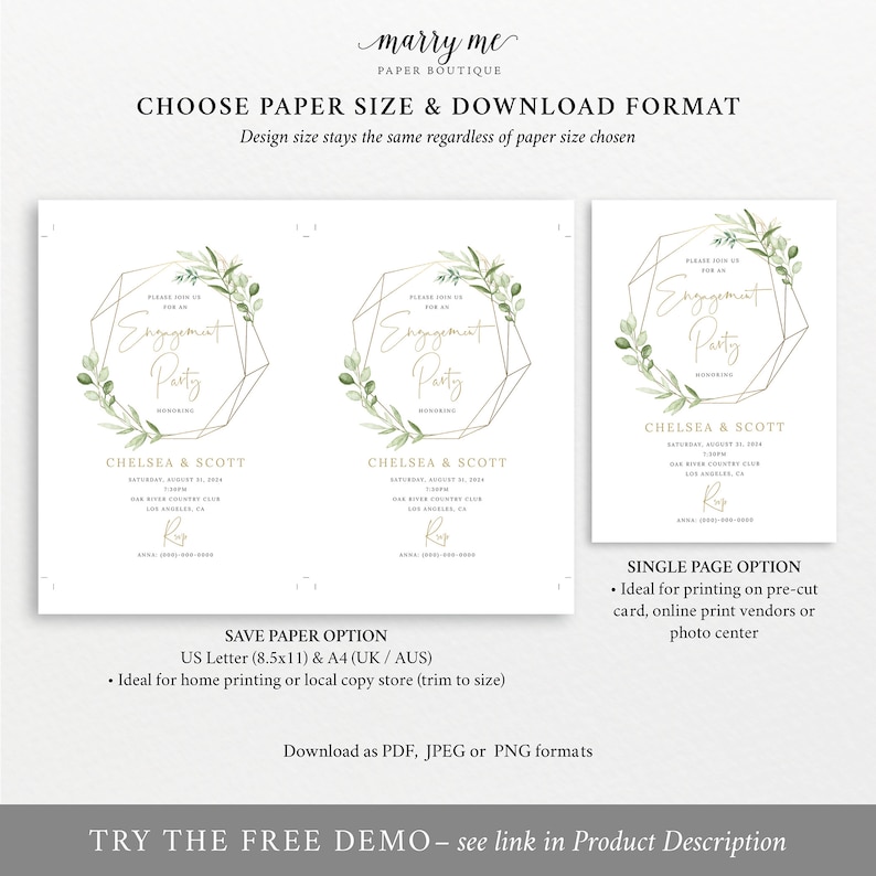 Engagement Party Invitation Template, Try Before Purchase, Order Edit & Download In Minutes, Greenery Gold image 5