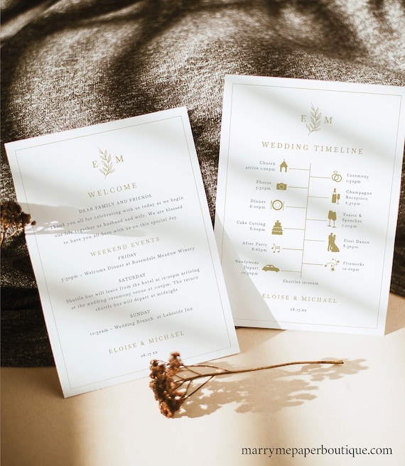 Wedding Itinerary & Welcome Card Template, Leaf Monogram Gold, Editable Gold Wedding Timeline Card Printable, 5x7, Templett INSTANT Download