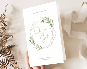 Wedding Program Template Folded, Greenery & Gold, Demo Available, Editable Printable Instant Download, Templett