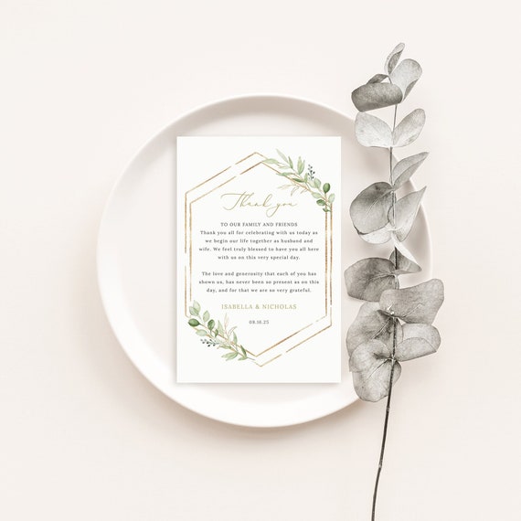 Thank You Letter Template, Greenery Hexagonal, 4x6, Editable, Greenery Wedding Guest Thank You Note, Printable, Templett INSTANT Download