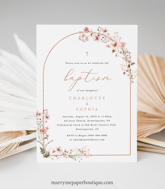 Baptism Invitation Template, Rustic Pink Flowers Arch, Twins Baptism Invitation Card, Editable, Double Baptism, Templett INSTANT Download