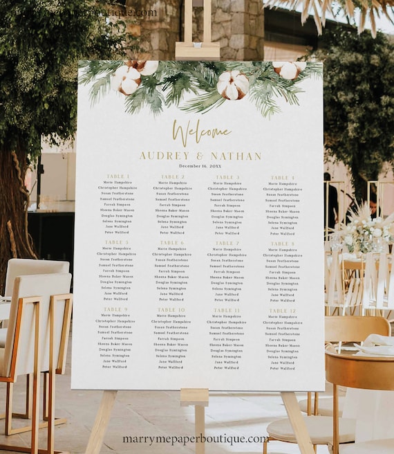 Seating Plan Template, Winter Pine & Cotton, Editable, Winter Wedding Seating Chart Sign, Printable, Seating Sign, Templett INSTANT Download
