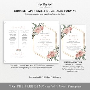 Wedding Program Fan Template, Dusky Pink Floral, Wedding Fan Program, Printable, Templett INSTANT Download, Editable Bild 4