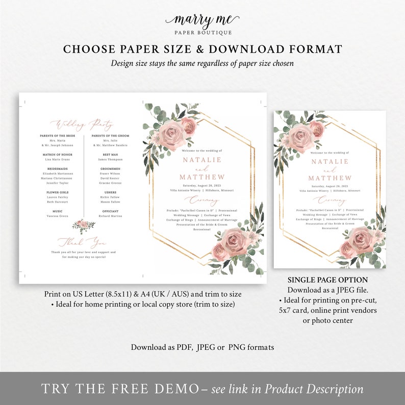 Wedding Program Fan Template, Dusky Pink Floral, Wedding Fan Program, Printable, Templett INSTANT Download, Editable Bild 4
