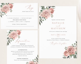 Wedding Invitation Template Set, Dusky Pink Floral, Wedding Invite Suite Printables, RSVP, Details, Dusty Pink, Templett INSTANT Download