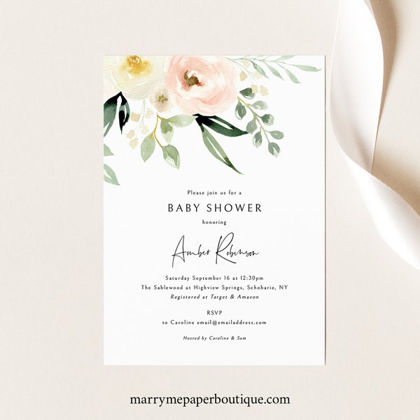 Baby Shower Invitation Template, Pink Floral Greenery Ivory, Printable Invite, Templett Instant Download, Try Before Purchase