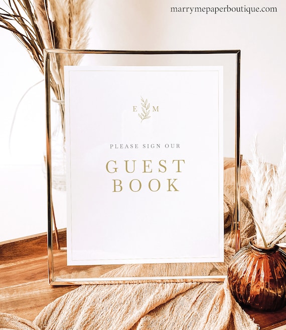 Guest Book Sign Template, Leaf Monogram Gold, Editable, Please Sign Our Guestbook Sign, Gold Leaf, Printable, Templett INSTANT Download