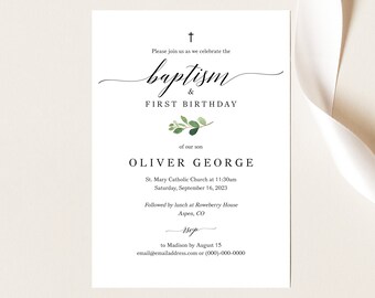 Greenery Baptism & First Birthday Invitation Template, Greenery Leaf, Baptism Birthday Invite Printable, Templett INSTANT Download, Editable