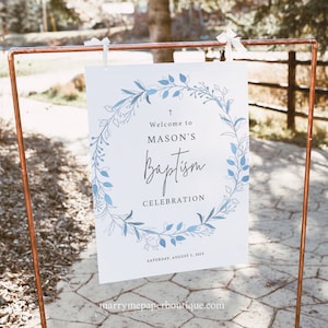 Baptism Welcome Sign Template, Light Blue Wreath, Order Edit & Download In Minutes, Try Before Purchase