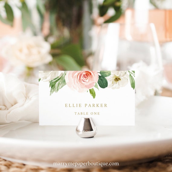 Place Card Template, Try Before Purchase, Editable Blush Floral Wedding Seating Card, Instant Download