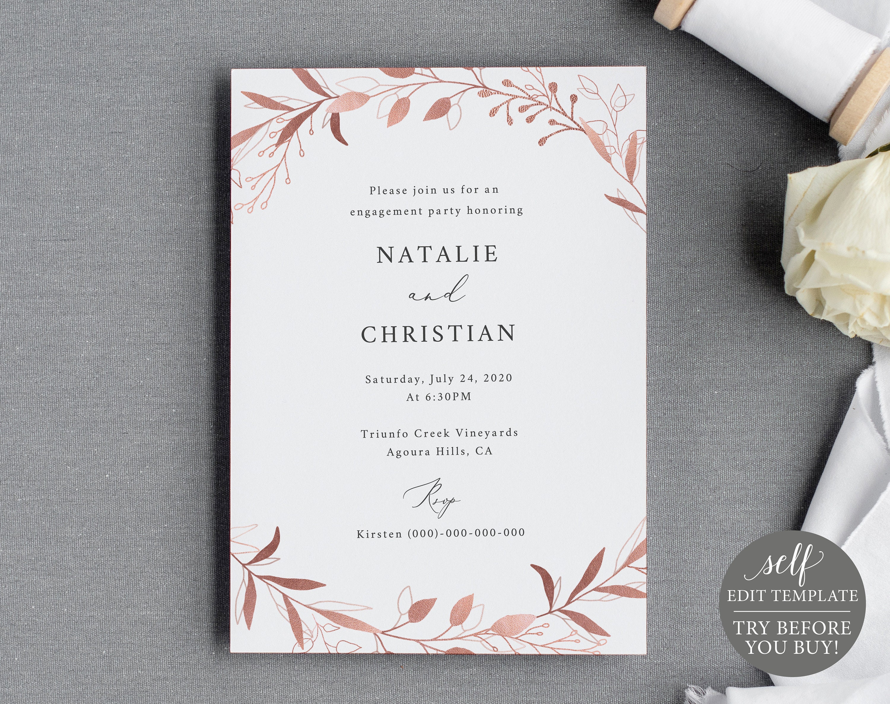 Engagement Party Invitation Template 100 Editable Instant Download Try Before You Buy Rose Gold Leaf