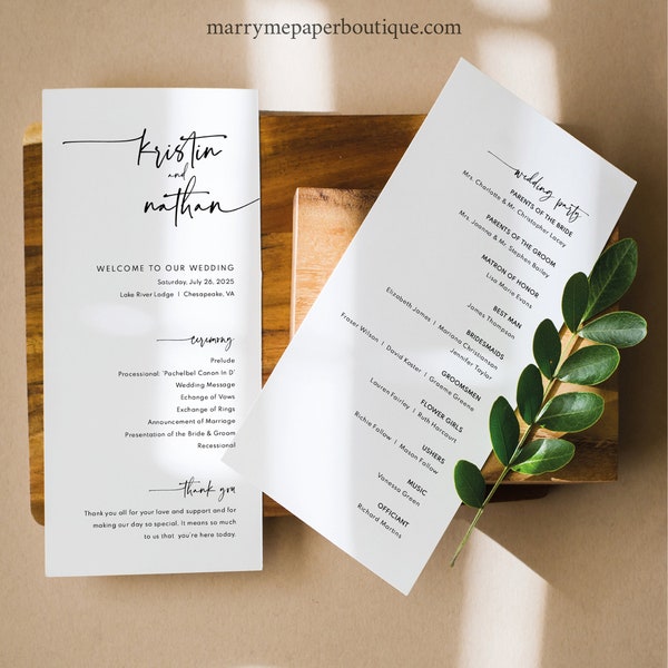 Wedding Program Template, Modern Contemporary, Clean Simple Wedding Ceremony Program, Printable, Editable, Tall, Templett INSTANT Download