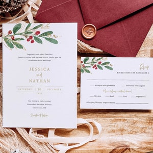 Winter Wedding Invitation Template Set, Christmas Wedding Invite Printable, Editable Details & RSVP Cards, Templett, Instant Download