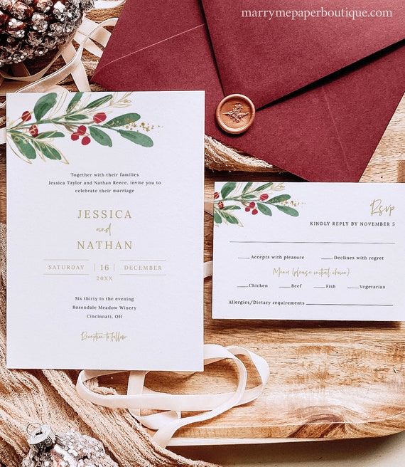 Winter Wedding Invitation Template Set, Christmas Wedding Invite Printable, Editable Details & RSVP Cards, Templett, Instant Download