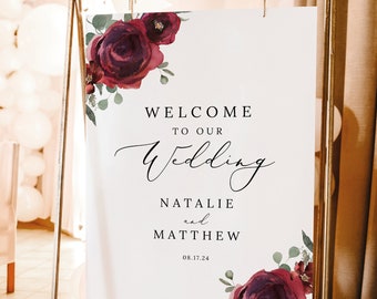 Wedding Welcome Sign Template, Elegant Burgundy Floral, Welcome To Our Wedding Sign, Printable, Poster, Vertical, Templett INSTANT Download