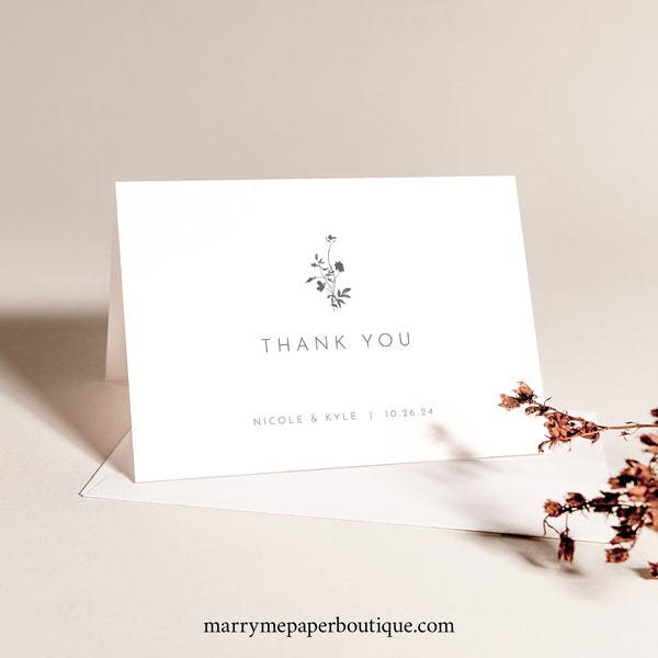 Folding Thank You Card Template, Elegant Botanic Flowers, Editable Wedding Thank You Note Card, Folded, Printable, Templett INSTANT Download