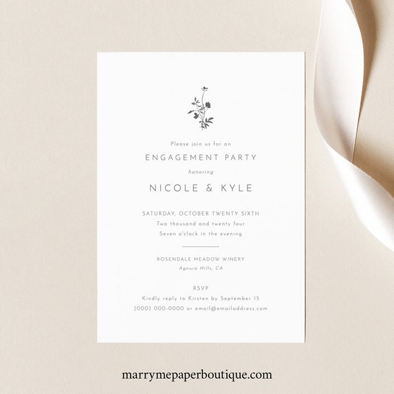Engagement Party Invitation Template, Elegant Botanic Flowers, Printable, Editable, Engagement Party Invite, Templett INSTANT Download