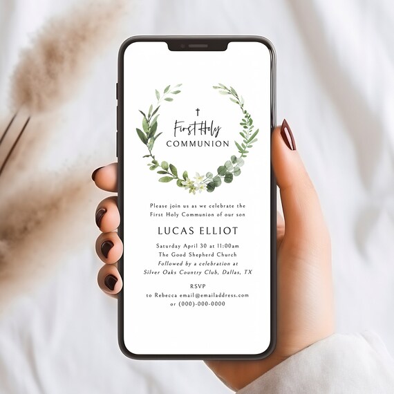 First Communion Text Invitation Template, Elegant Greenery, Digital First Holy Communion Invite, Send By Phone, Templett INSTANT Download