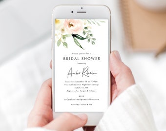 Bridal Shower Text Invitation Template, Pink Floral Greenery, Ivory, Digital Text Invite, Electronic, Templett INSTANT Download, Editable