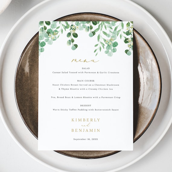 Wedding Menu Template, Garden Greenery, Editable, 5x7 Menu, Green Leaves, Wedding Table Menu Card, Printable, Templett INSTANT Download